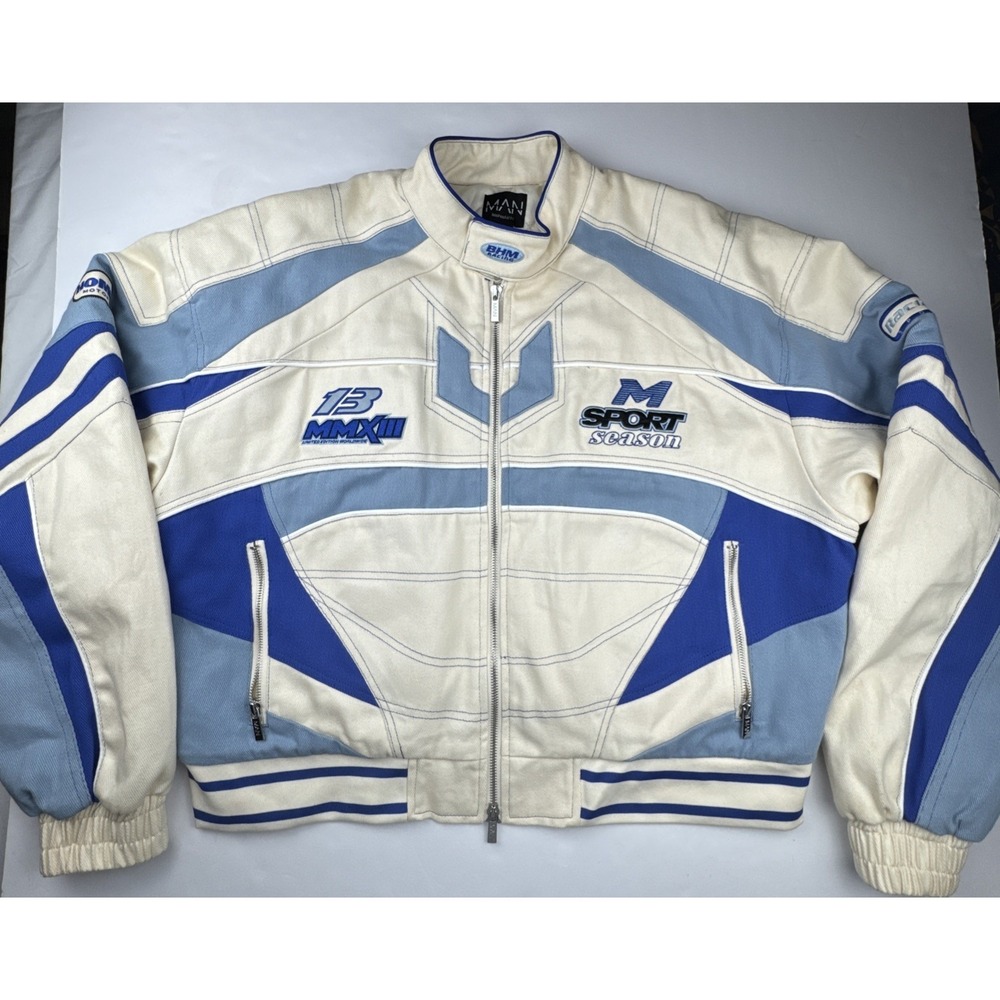boohooMAN Mens Racing Jacket M Cotton Colorblock Streetwear Motor Speedway Blue